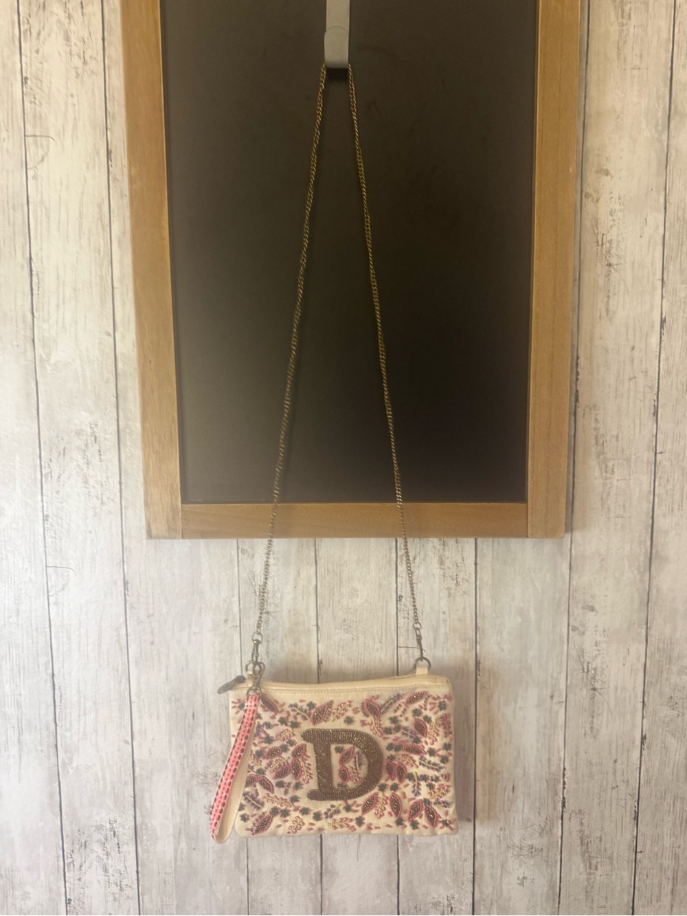 Anthropologie America & Beyond beaded monogram D crossbody metal strap